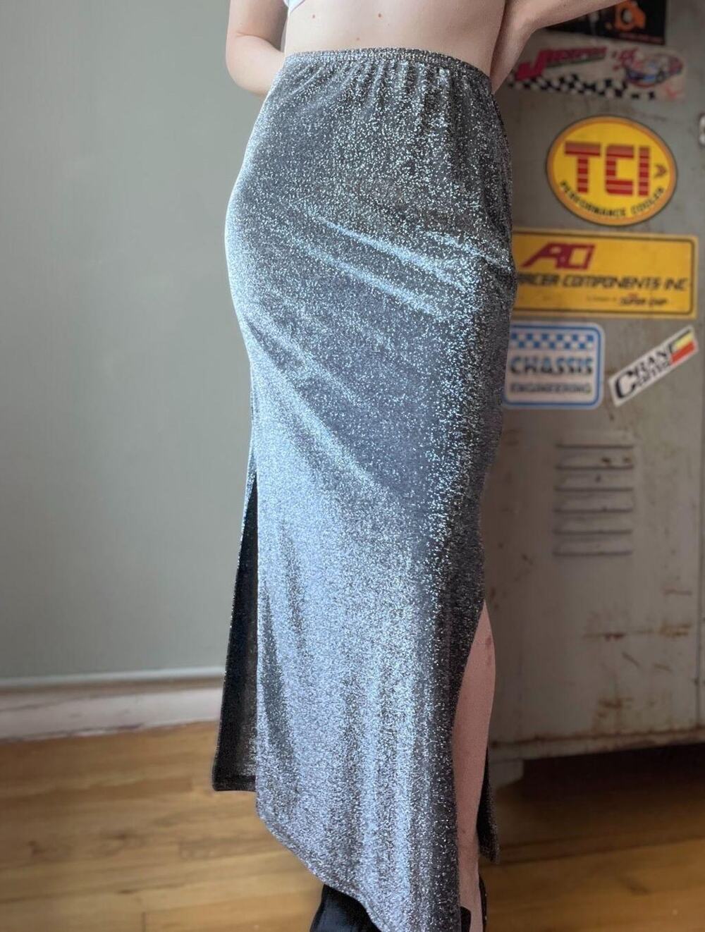 Vintage 90s Silver Bias Cut Maxi Skirt | High Slit Metallic Lurex | Y2K Disco| S